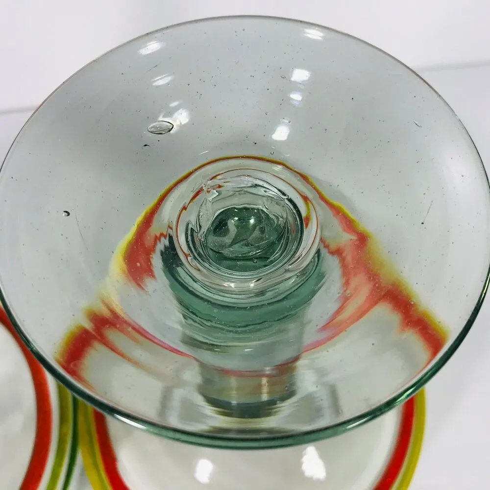 Handblown 2 Mexican Margarita Glasses Raised Striped Cocktail Bar Bubbles